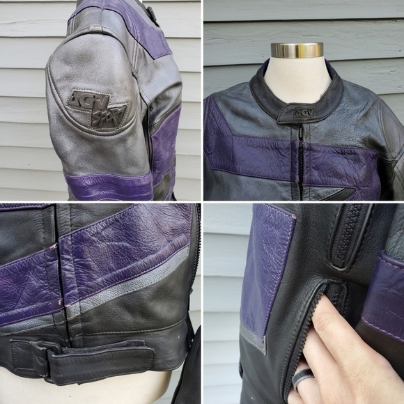 Vintage 90s y2k Black Purple Leather Armored Padded Motorcycle Moto Jacket - Picture 5 of 7